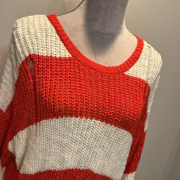 Cotton emporium soft distressed orange stripped crew sweater NWOT L - Picture 3 of 14